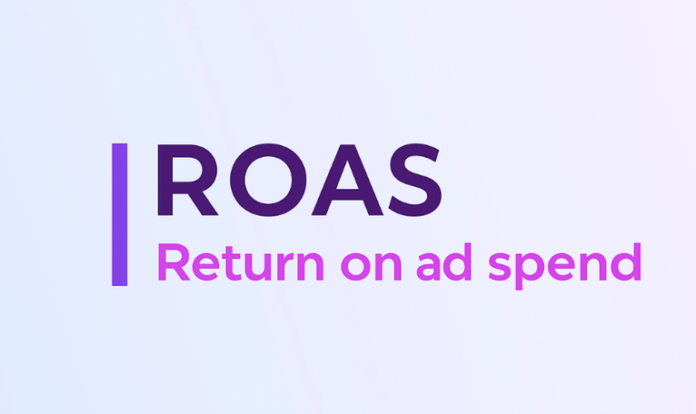 ROAS – Return on ad spend felirat modern, lila és rózsaszín árnyalatú dizájnban, minimalista stílusban