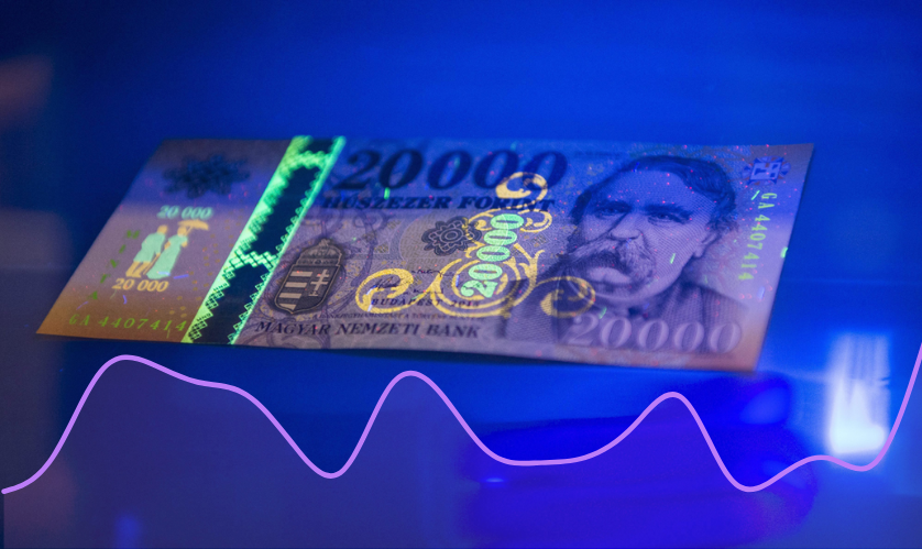 Húszezer forintos bankjegy UV-fény alatt grafikonos inflációs vonallal – a pénz értékének változása infláció idején