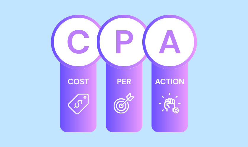 A CPA programok világát bemutató grafika, amely az online marketing kulcsszavát tartalmazza.