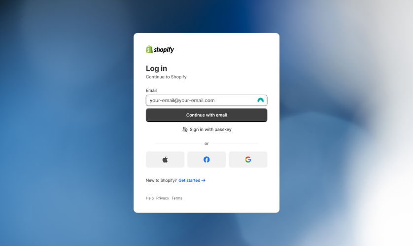 Shopify login képernyő bemutatása.